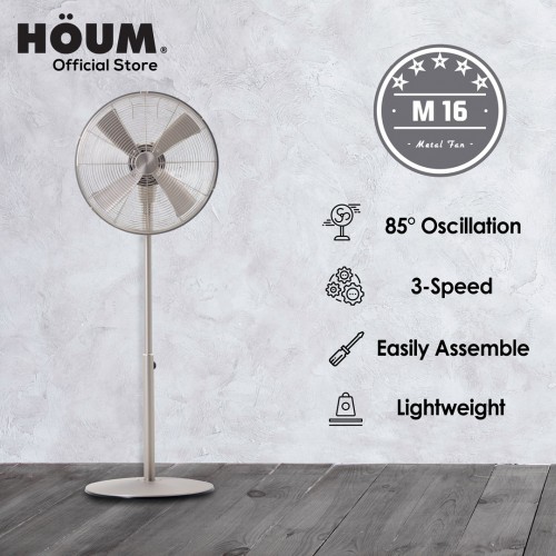 HOUM M16 16-Inch Stand Fan 3 Speeds Metal Blades (SILVER)