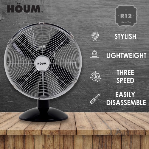 HOUM R12 12-Inch Table Fan 3 Speed Metal Blade (BLACK)