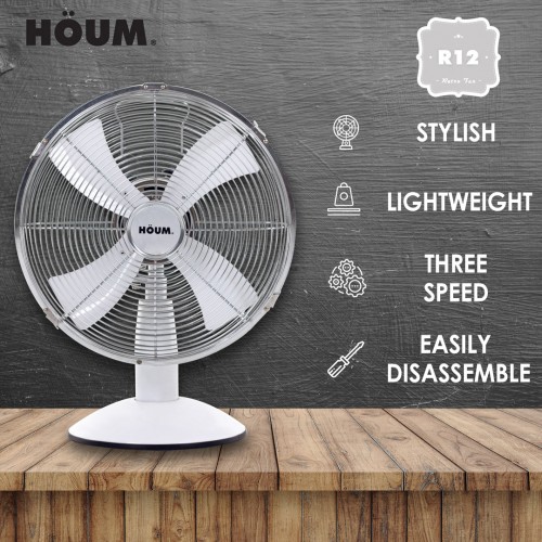 HOUM R12 12-Inch Table Fan 3 Speed Metal Blade (WHITE)