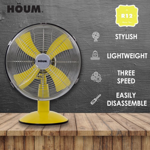 HOUM R12 12-Inch Table Fan 3 Speed Metal Blade (YELLOW)